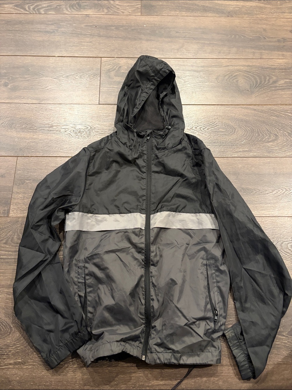 Men's Black Hooded Windbreaker with Reflective Chest Stripe